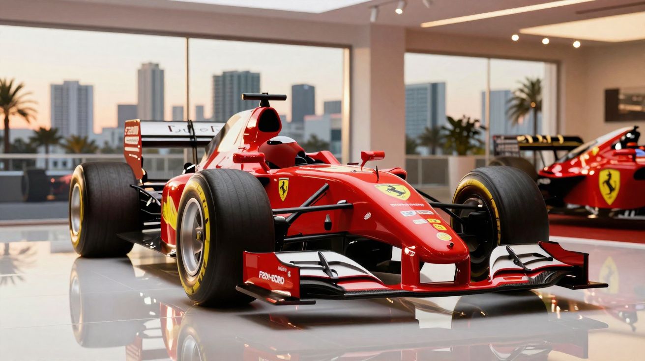 Carro de Fórmula 1 vermelho da Ferrari em exposição num espaço interior com janelas grandes e vista urbana.