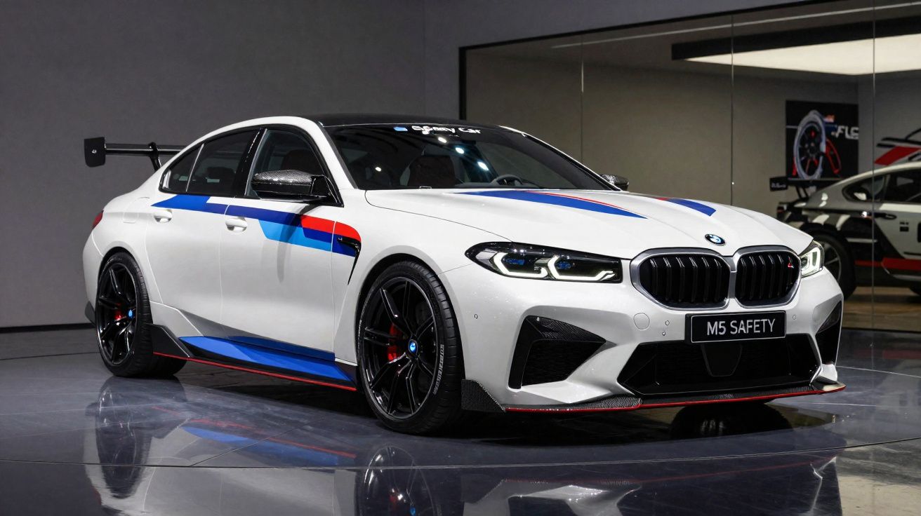 Carro BMW M5 branco com detalhes azuis e vermelhos, pneus pretos, numa sala moderna reflexiva.