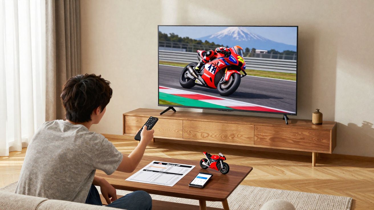 Pessoa sentada no sofá controla televisão com corrida de motos, miniatura de moto e documentos numa mesa de centro.