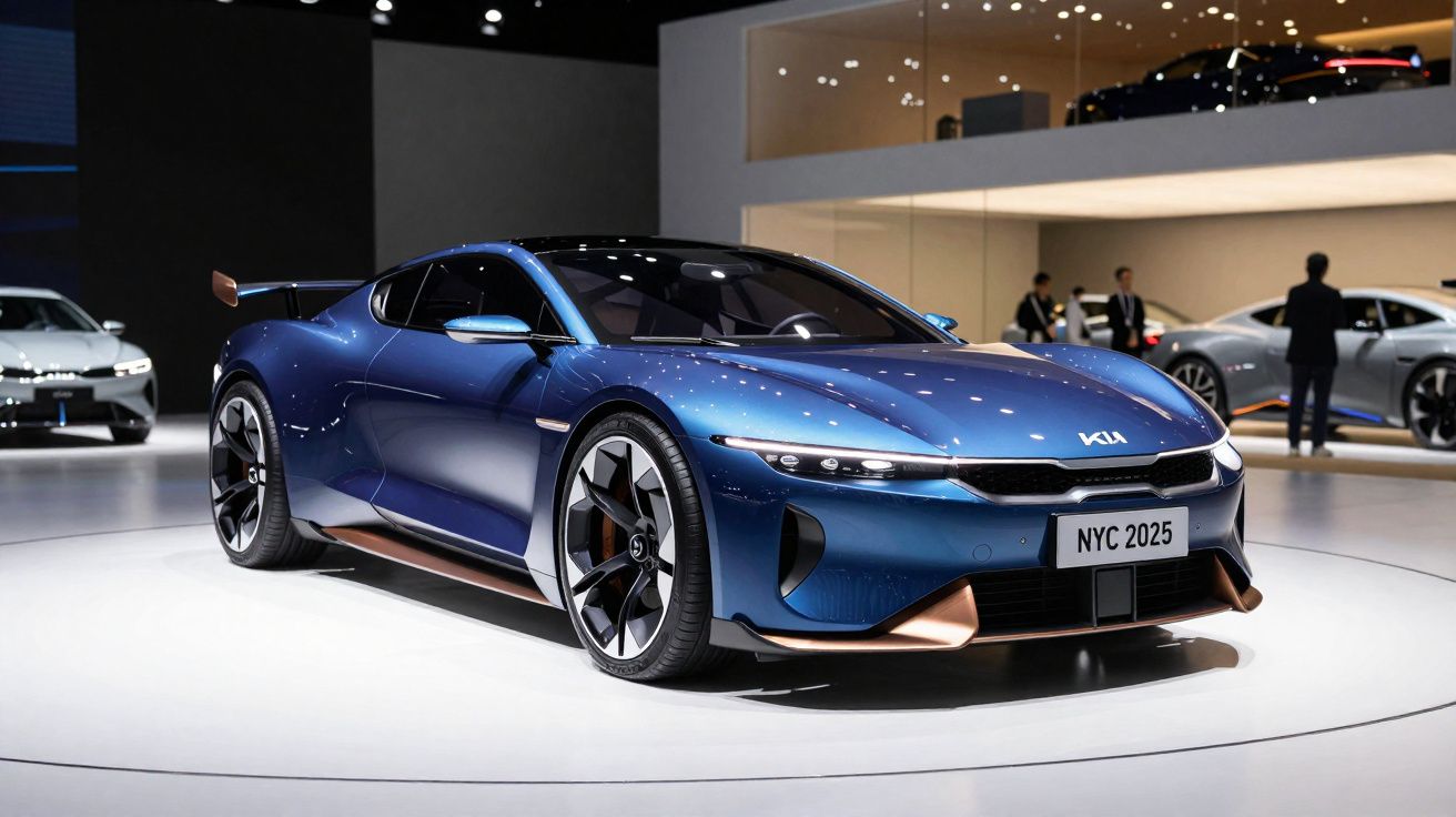 Automóvel desportivo elétrico azul escuro exibido numa feira automóvel com número de matrícula NYC 2025.