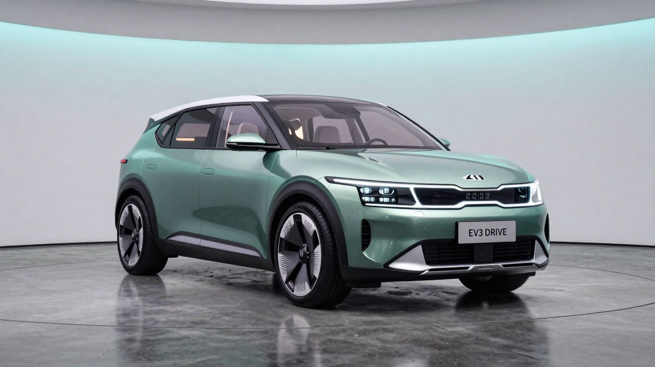 Automóvel elétrico cinza verde EV3 Drive estacionado em estúdio com teto branco e piso cinzento brilhante.