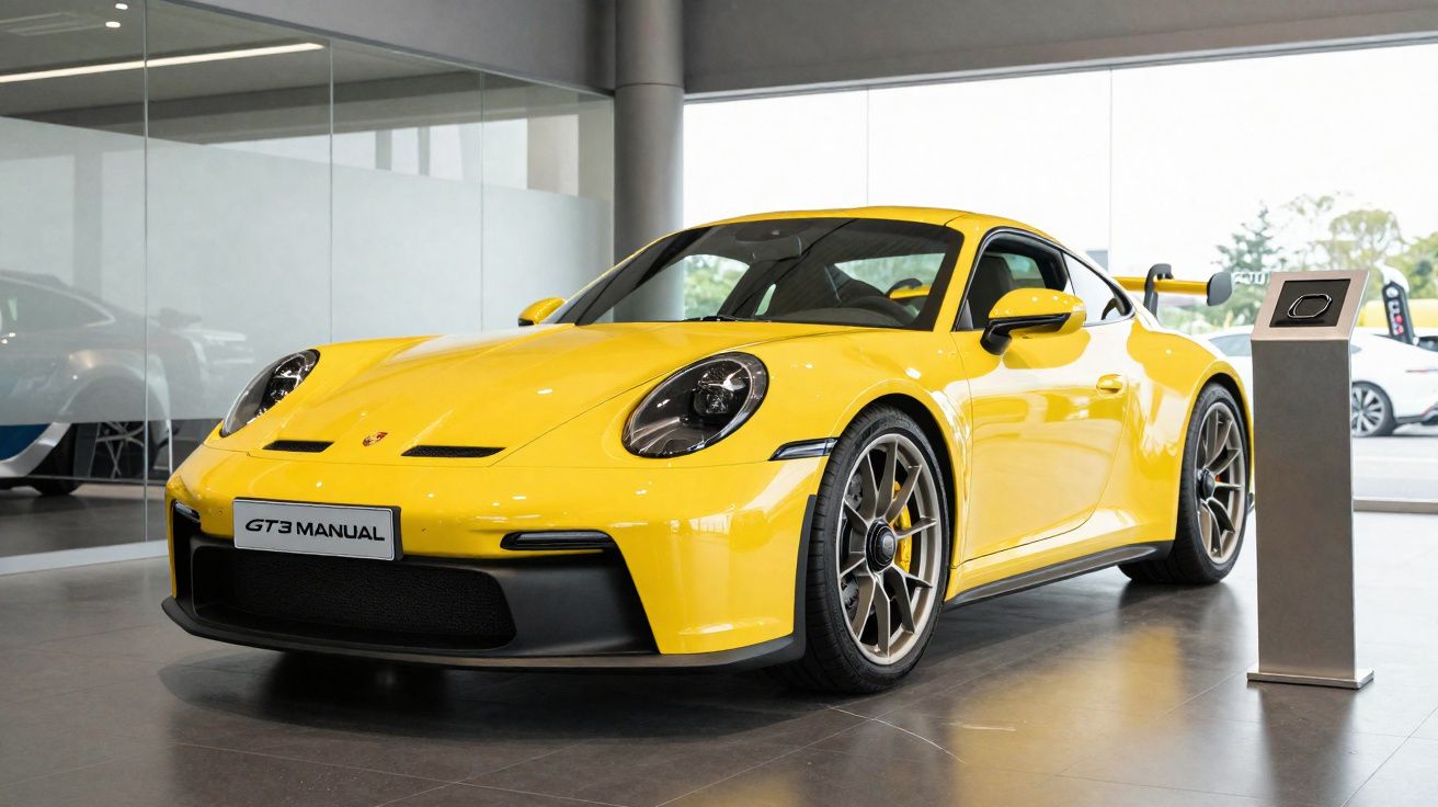 Carro de corrida amarelo Porsche GT3 Manual exposto em sala de showroom moderno.