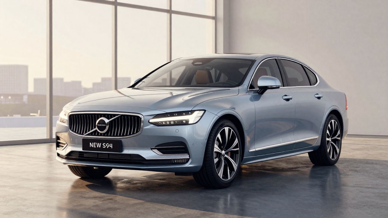 Carro Volvo S94 cinzento estacionado em espaço interior com grandes janelas ao fundo.