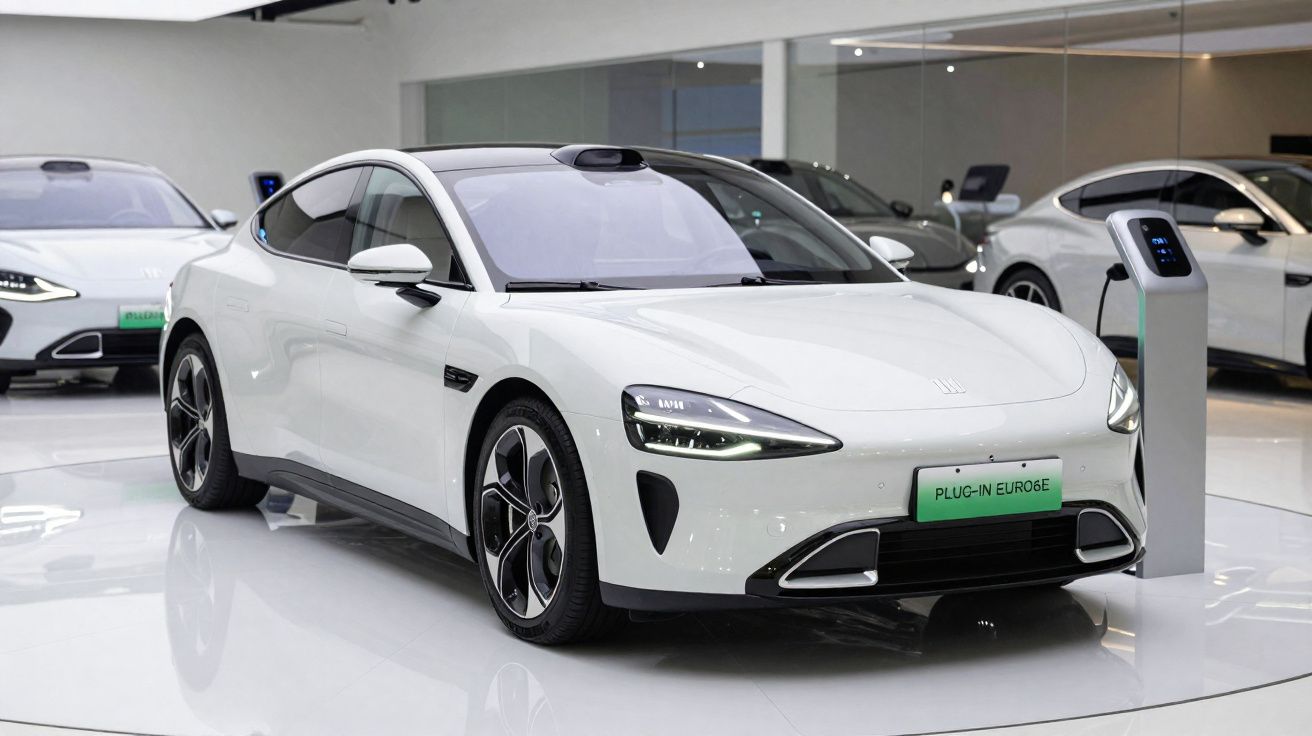 Carro elétrico branco estacionado numa sala moderna, com posto de carregamento à direita e outro carro ao fundo.