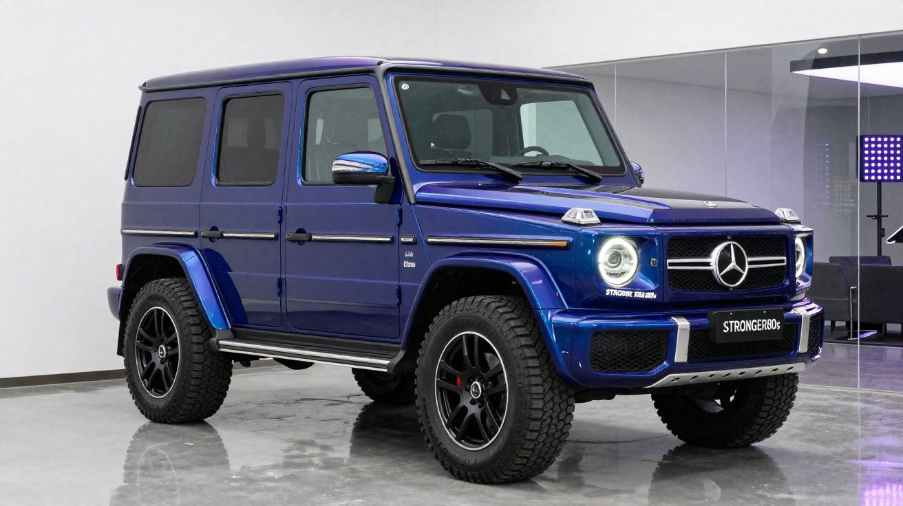 Carro SUV Mercedes-Benz G-Class azul metálico estacionado em espaço interior moderno e minimalista.
