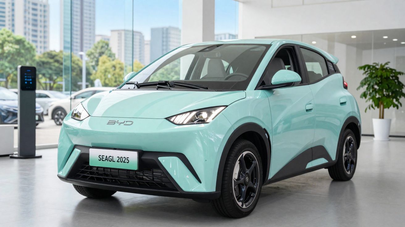 Carro elétrico compacto azul claro BYD SEAGL 2025 exposto em salão moderno com paredes de vidro.