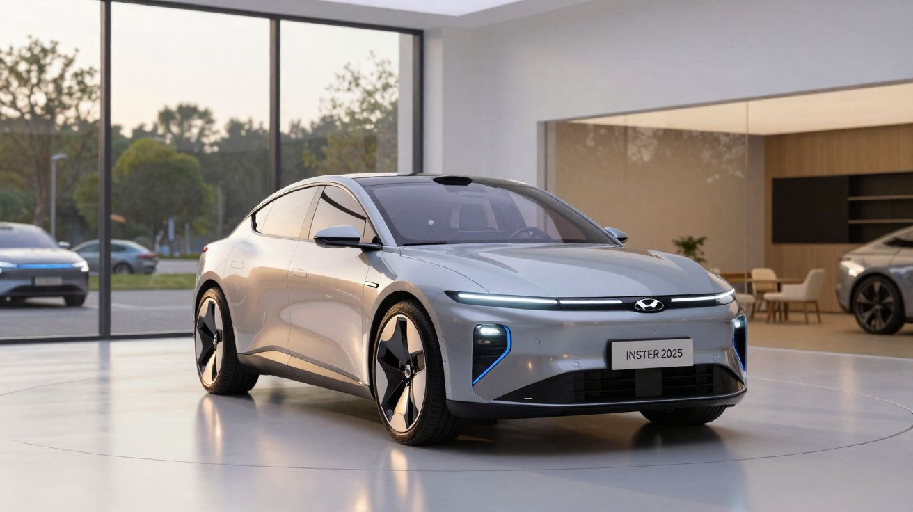 Carro eléctrico moderno prata estacionado num showroom com grandes janelas e luz natural.