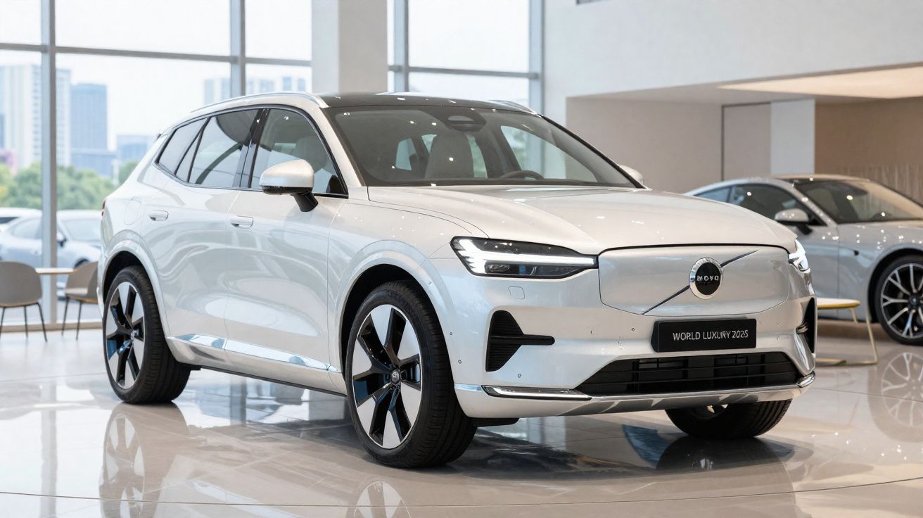 Carro SUV elétrico branco estacionado numa sala de exposição moderna com janelas grandes e piso brilhante.