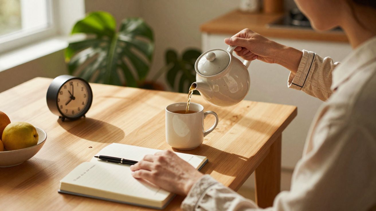 Pessoa a servir chá numa chávena, com caderno, caneta, relógio e uma tigela de frutas numa mesa de madeira.