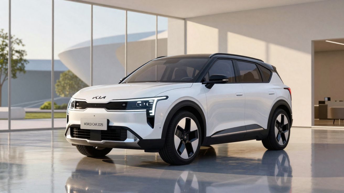 SUV elétrico branco da Kia estacionado em espaço moderno e iluminado, com janelas grandes e paredes claras.