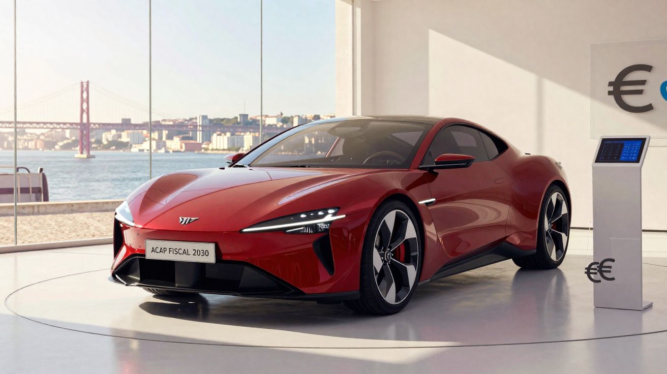 Carro desportivo vermelho elétrico em exposição com vista para a Ponte 25 de Abril em Lisboa.