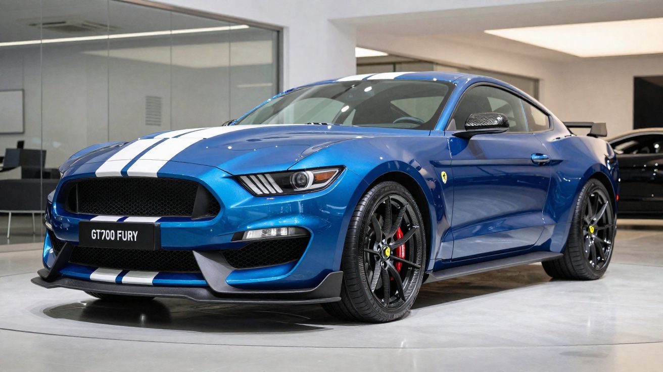 Carro desportivo azul GT700 Fury com faixas brancas em exposição num espaço interior moderno.