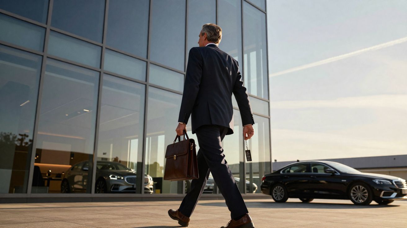 Homem de negócios a caminhar em frente a edifício com portas de vidro, levando pasta e chave de carro na mão.
