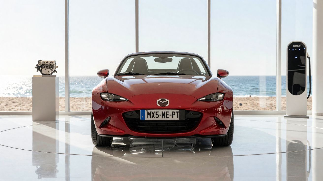 Desportivo conversível vermelho Mazda MX-5 com matrícula portuguesa exposto em sala com vista para a praia e carregador elétr