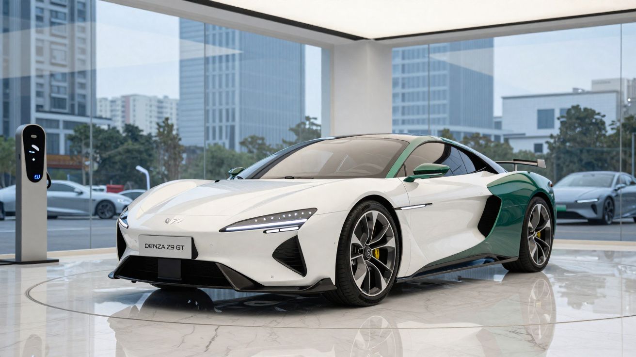 Carro desportivo elétrico branco e verde Denza 29 GT numa sala de exposições com rodas pretas e detalhes modernos.