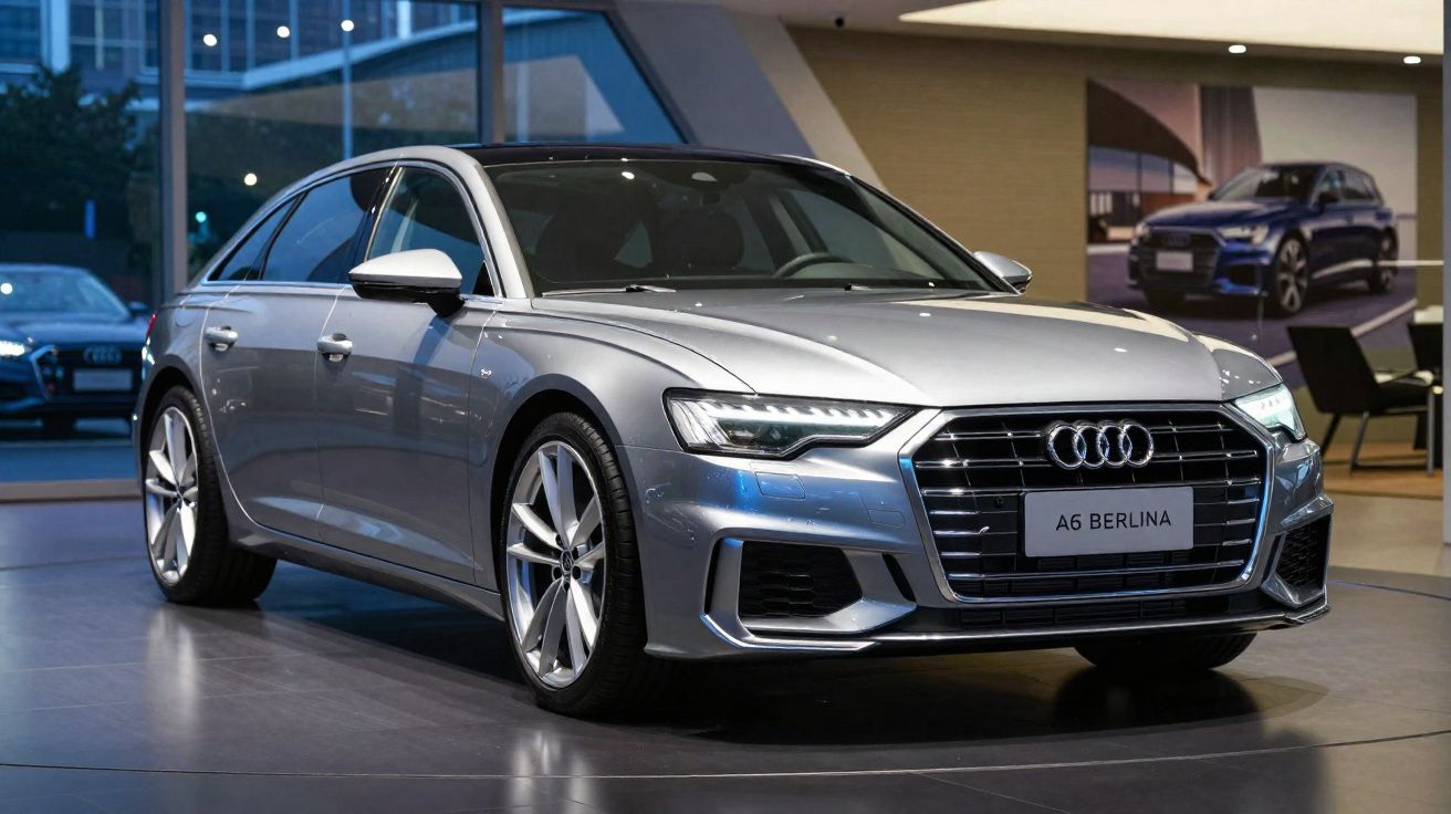 Audi A6 Berlina cinzento estacionado em ambiente interior moderno, com iluminação suave e reflexos no chão.