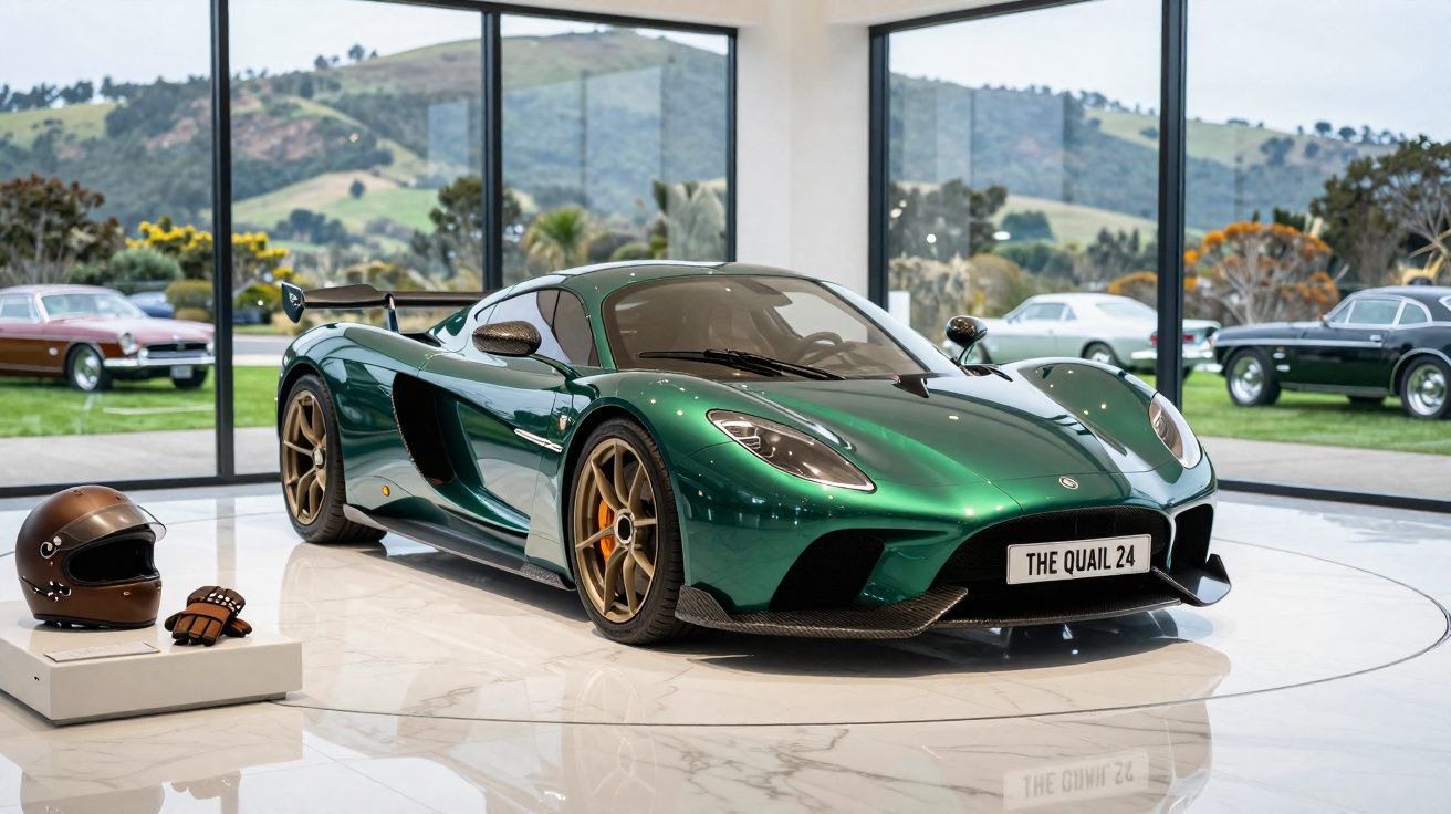 Carro desportivo verde metálico exibido num salão com capacete e luvas ao lado, vista de janelas grandes para paisagem.