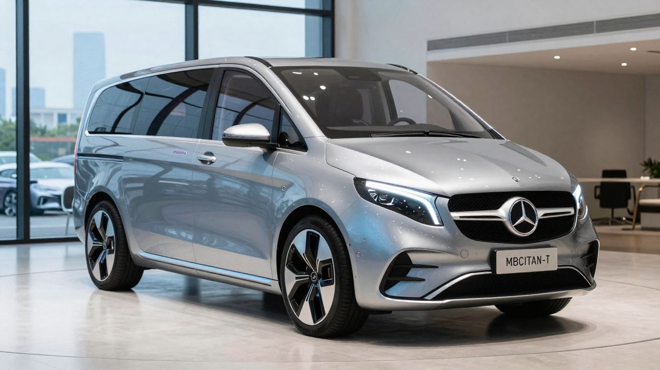 Carrinha Mercedes-Benz prata MBCITAN-T em exibição num salão moderno e luminoso.
