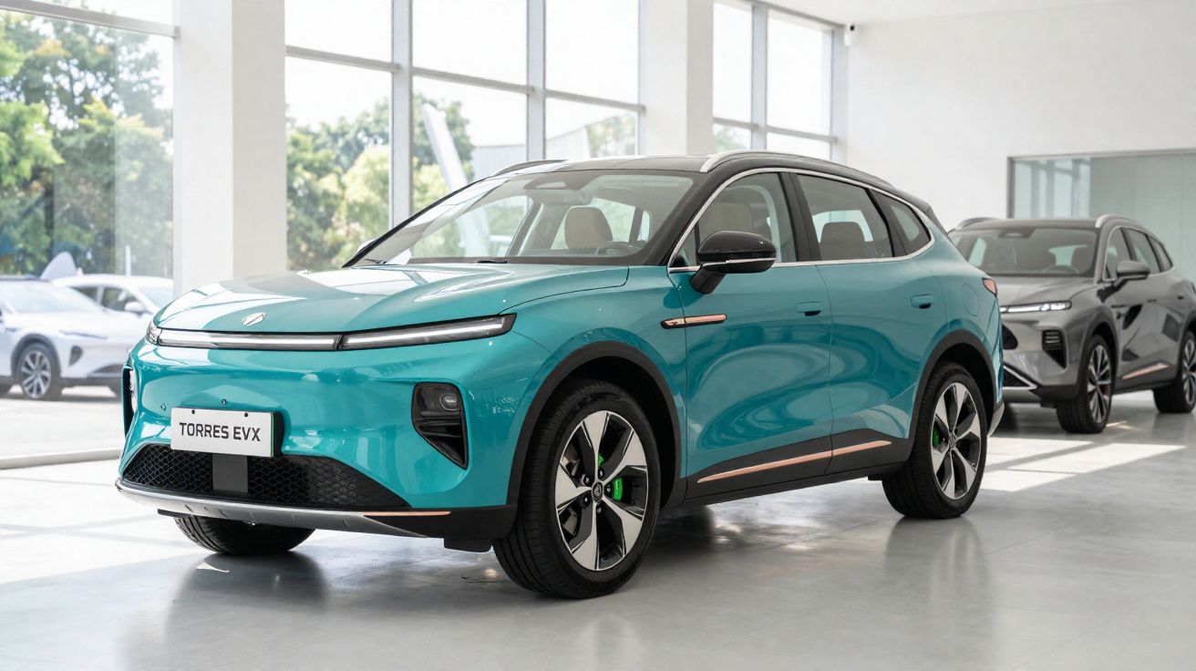 Carro elétrico SUV azul claro modelo TORRES EVX exposto em showroom moderno com janelas grandes.