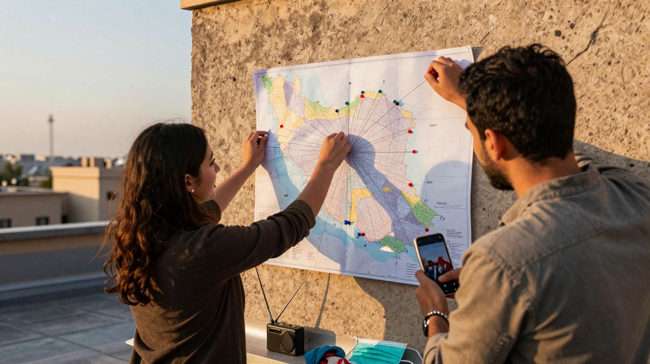 Duas pessoas a analisar um mapa fixado numa parede exterior, uma a fotografá-lo com telemóvel.