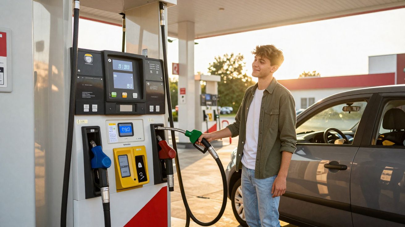 Homem a abastecer carro com gasolina numa estação de serviço ao pôr do sol.