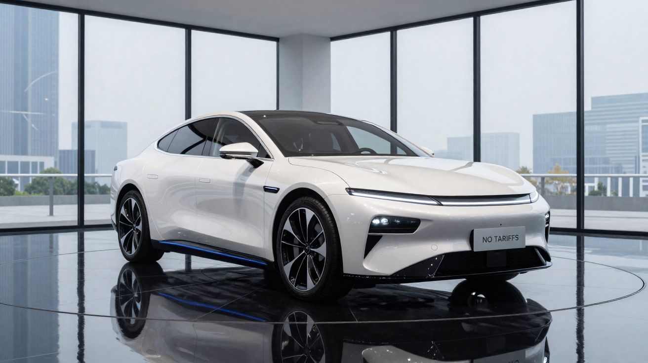 Carro elétrico branco de design moderno em sala com paredes de vidro e vista urbana.