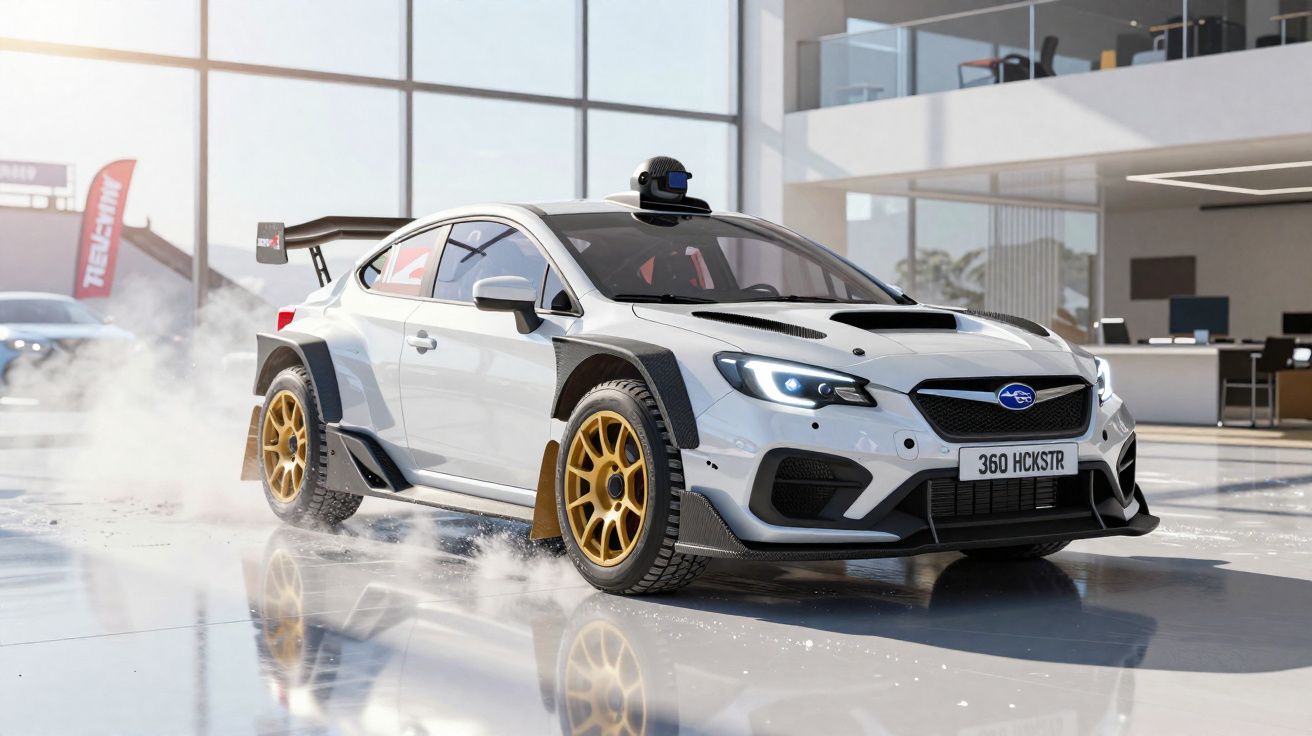 Carro de rali branco com faróis acesos e rodas douradas, em ambiente interior moderno e brilhante.