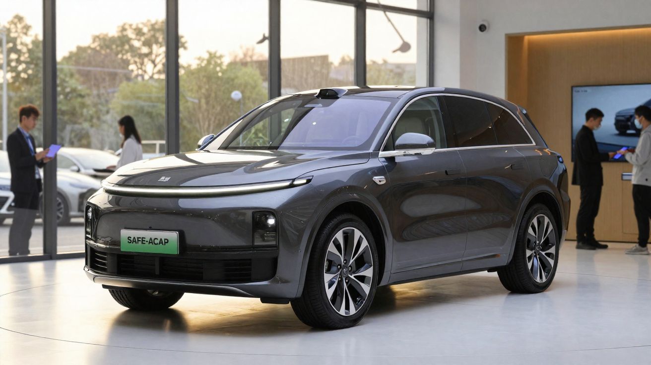 Carro elétrico cinza estacionado em showroom moderno com paredes de vidro e pessoas ao fundo.