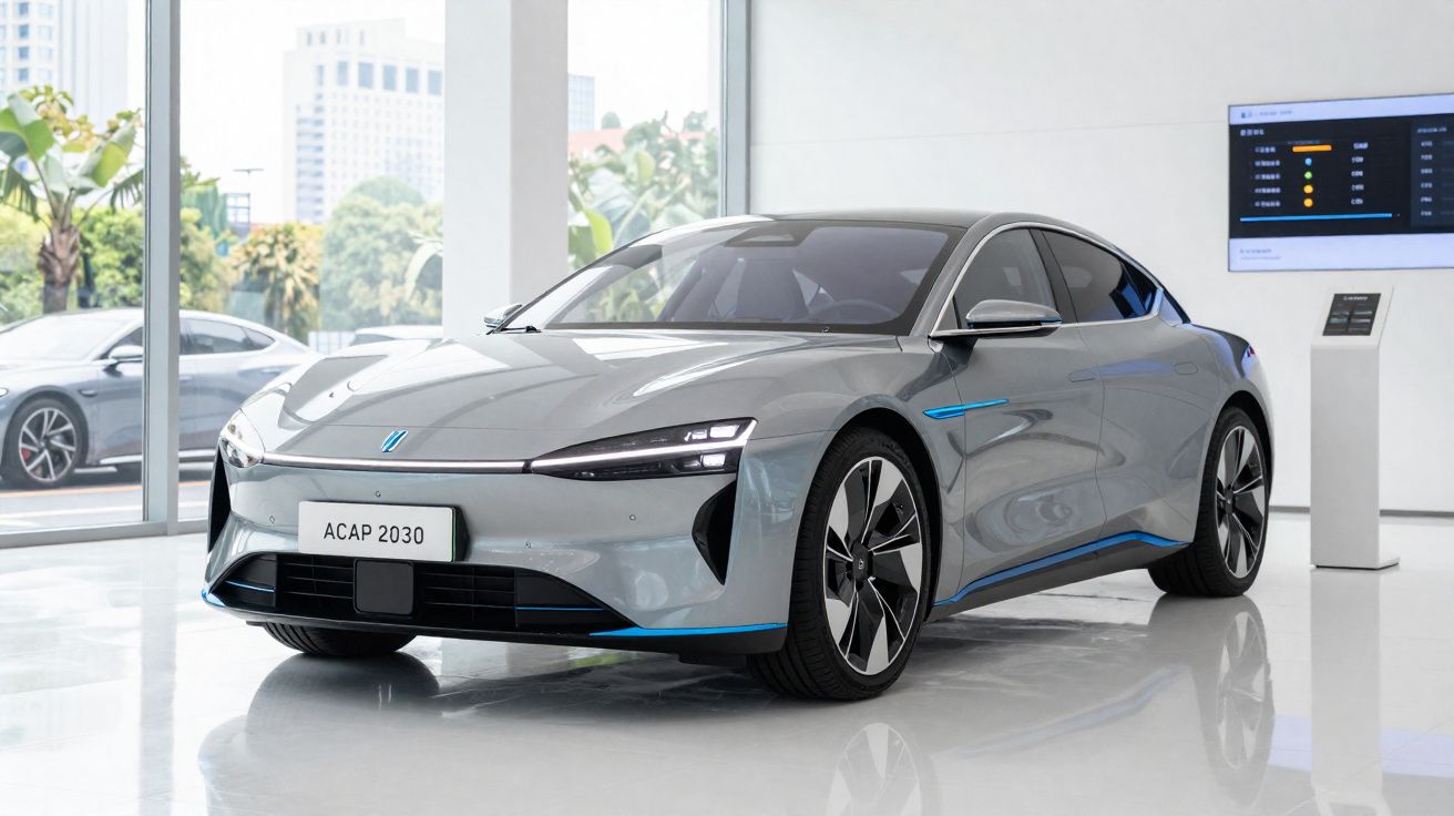 Carro elétrico cinzento moderno com acabamento azul exposto em salão com grandes janelas e ecrãs digitais.