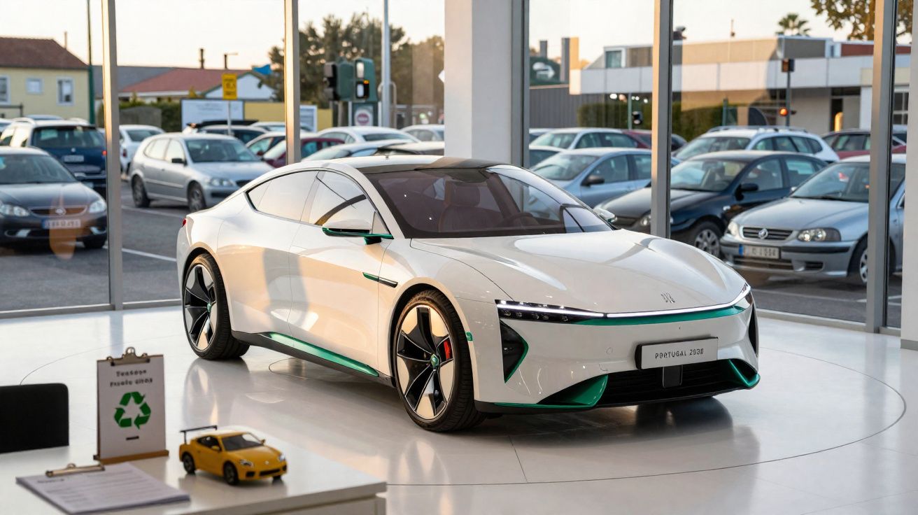 Carro elétrico branco e verde exposto numa sala com paredes de vidro e vista para estacionamento exterior.