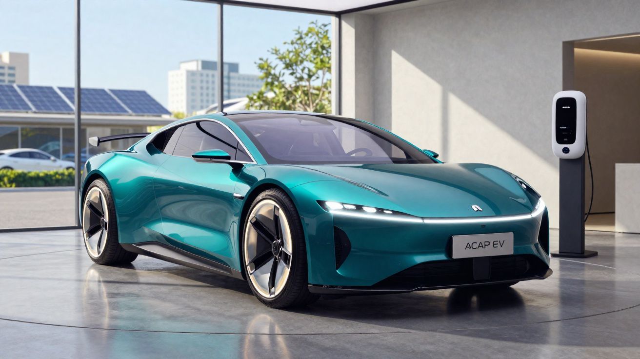 Carro desportivo elétrico verde numa garagem com carregador e janelas grandes com vista para painéis solares.