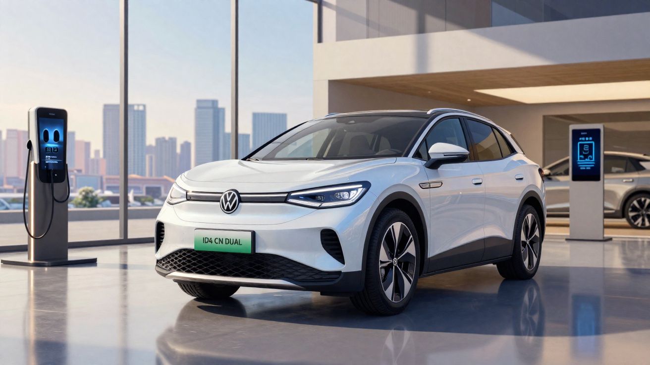 Carro elétrico Volkswagen ID.4 CN Dual branco a carregar numa estação moderna, com cidade ao fundo.
