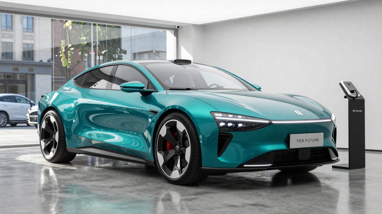 Carro elétrico desportivo azul esverdeado estacionado em showroom moderno com tomada de carregamento.