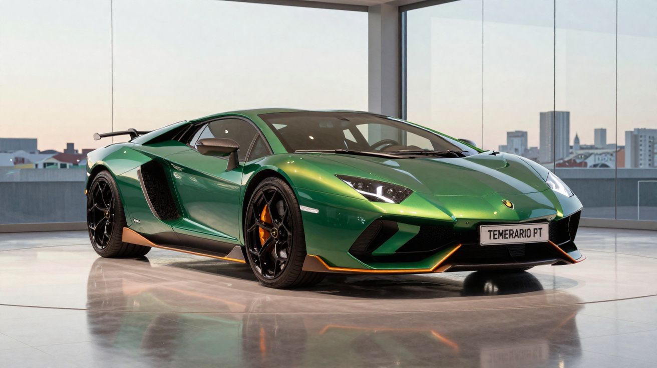 Carro desportivo Lamborghini verde metálico com detalhes laranja num showroom moderno com vista urbana.