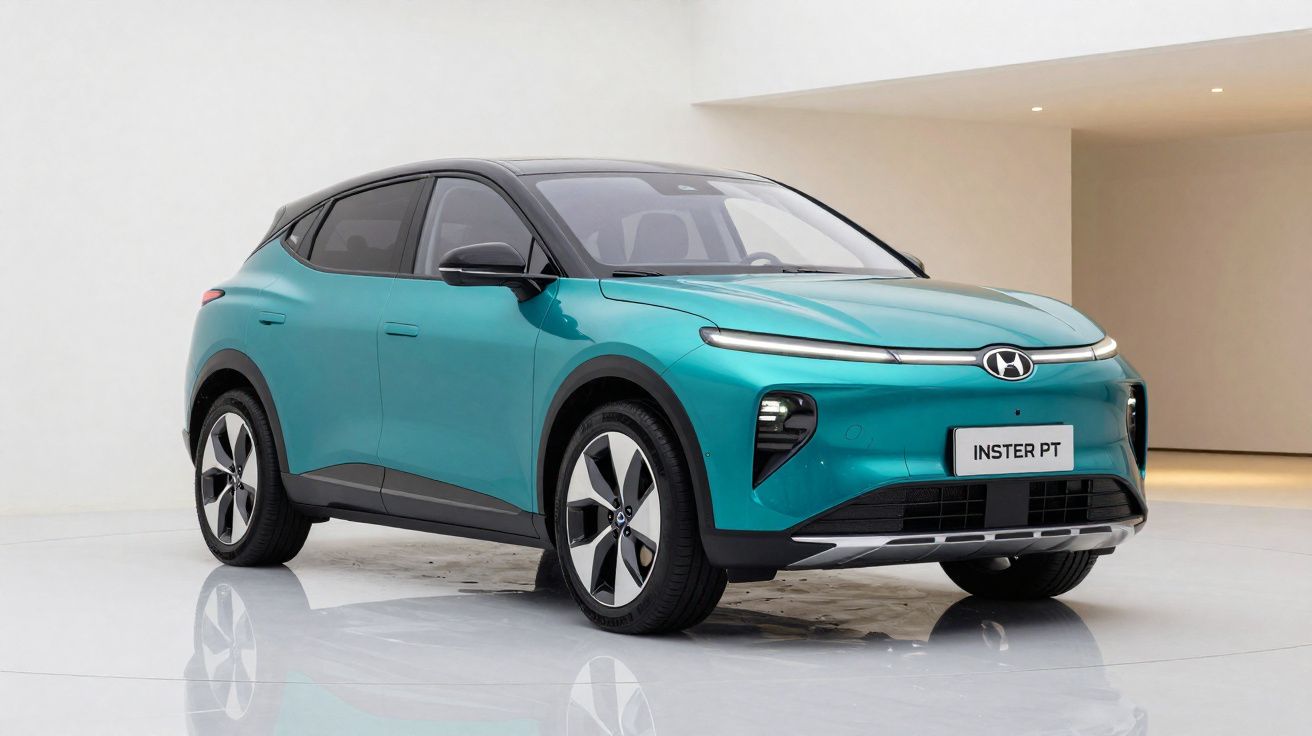 Carro elétrico Hyundai Ioniq 5 azul-turquesa estacionado em interior moderno e minimalista.