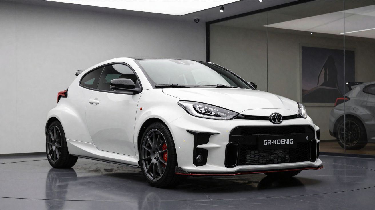 Carro desportivo branco Toyota GR-Koenig estacionado em espaço interior moderno com chão cinzento.