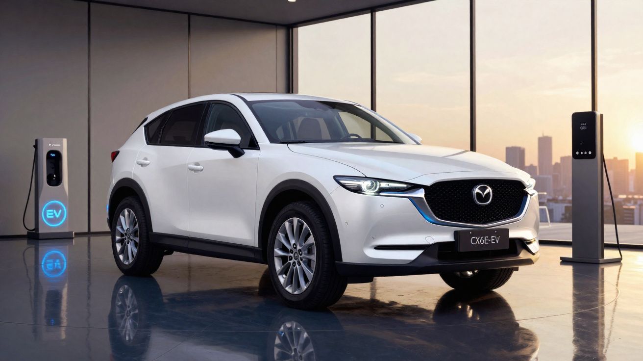 Automóvel elétrico Mazda CX-60 EV branco num espaço moderno com postes de carregamento e vista da cidade ao pôr do sol.