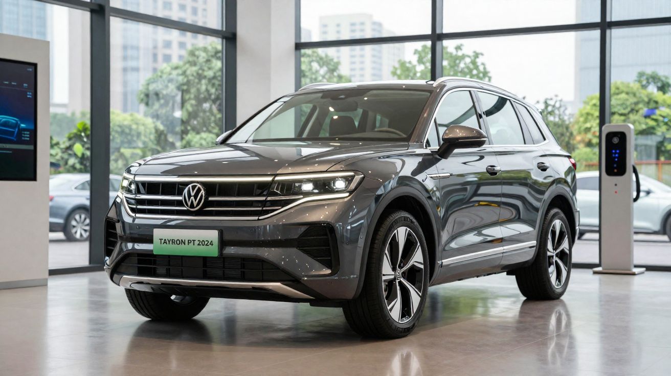 Volkswagen Tayron PT 2024 cinza numa sala de exposições com janelas grandes e piso brilhante.