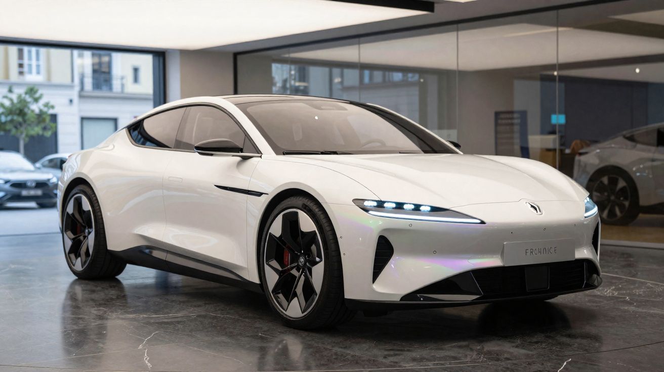 Carro desportivo elétrico branco numa garagem moderna com iluminação LED e jantes pretas distintivas.