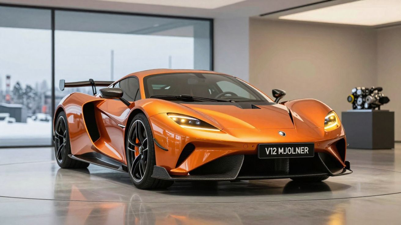 Carro desportivo laranja V12 Mjolner estacionado em piso branco de sala moderna com grandes janelas.