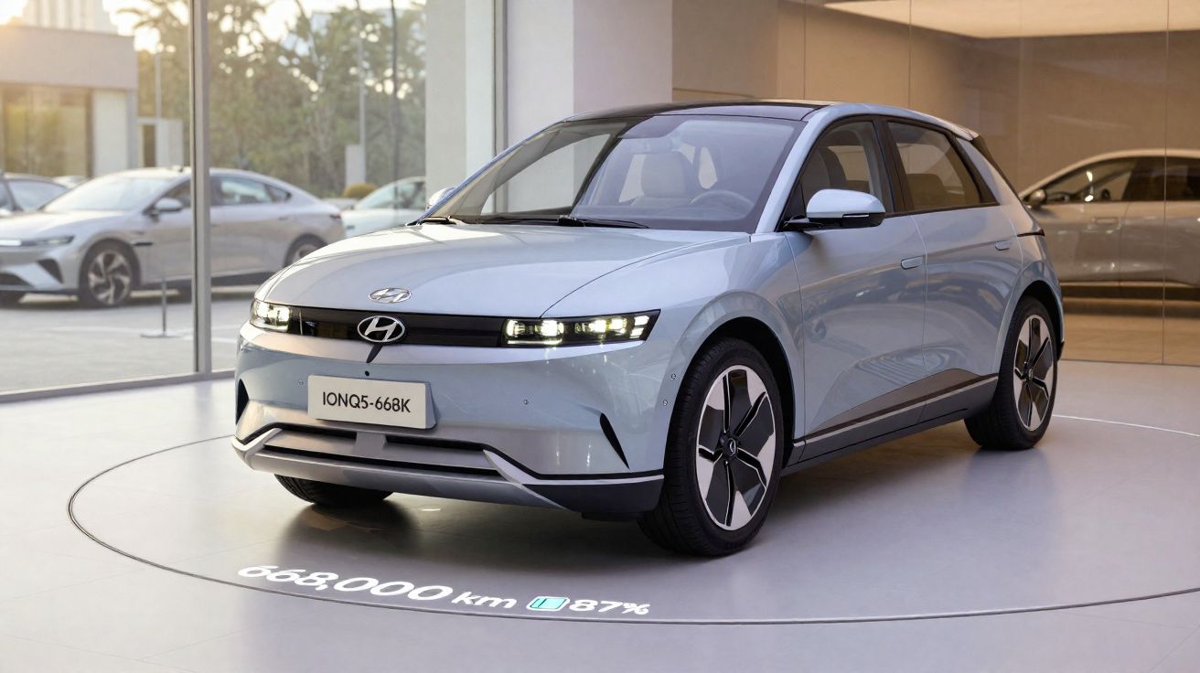 Carro elétrico Hyundai IONIQ 5 cinza estacionado em exposição moderna com indicação de autonomia 668 km e carga 87%.