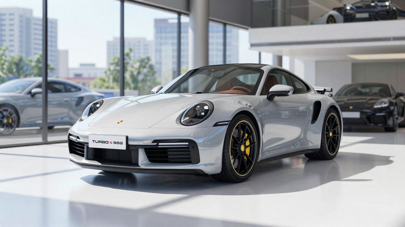 Carro desportivo Porsche 911 Turbo S cinza num showroom moderno com grandes janelas e outros carros ao fundo.