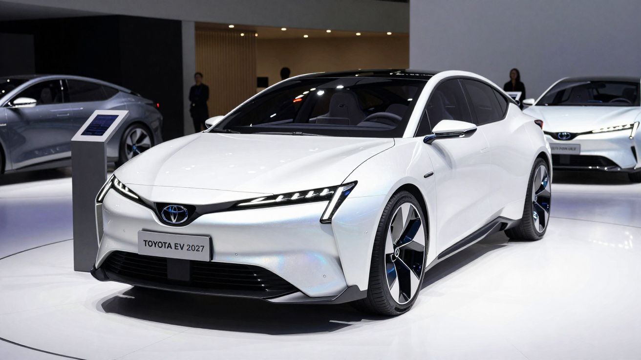 Carro elétrico branco Toyota EV 2027 em exposição, design moderno e futurista, com faróis LED afilados.
