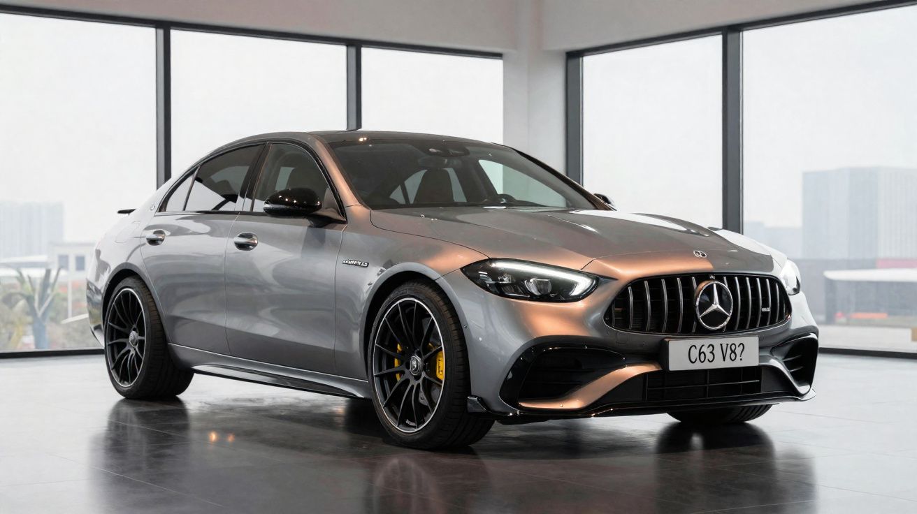 Carro Mercedes-Benz C63 V8 AMG cinza estacionado num showroom com grandes janelas.