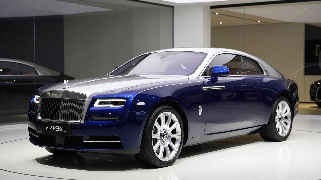 Carro desportivo Rolls-Royce V12 Rebel azul e prateado exibido em showroom moderno.