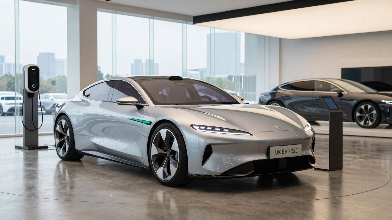 Carro elétrico cinzento moderno em exposição numa sala com janelas amplas, ligado a um posto de carregamento.