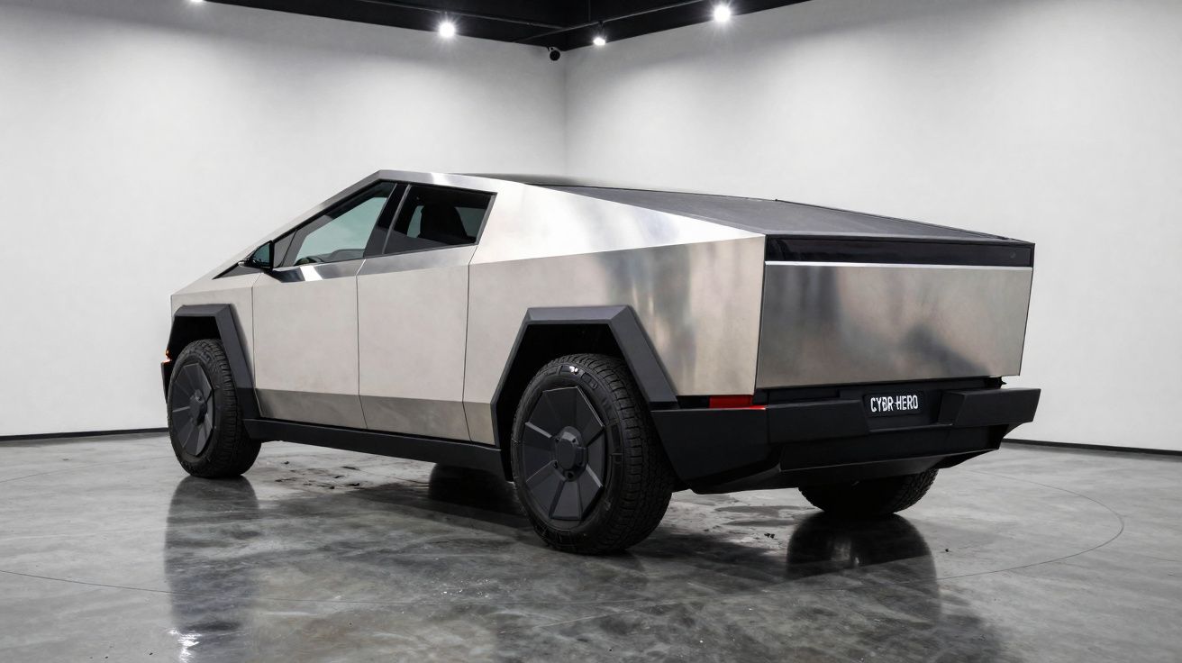 Carro elétrico futurista com design angular metálico, em espaço interior branco e chão refletor.