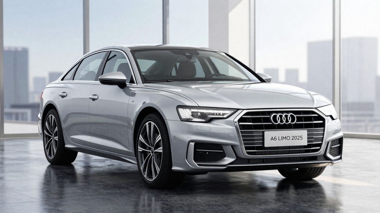 Carro Audi A6 Limousine 2025 prateado numa sala moderna com grandes janelas e vista urbana.