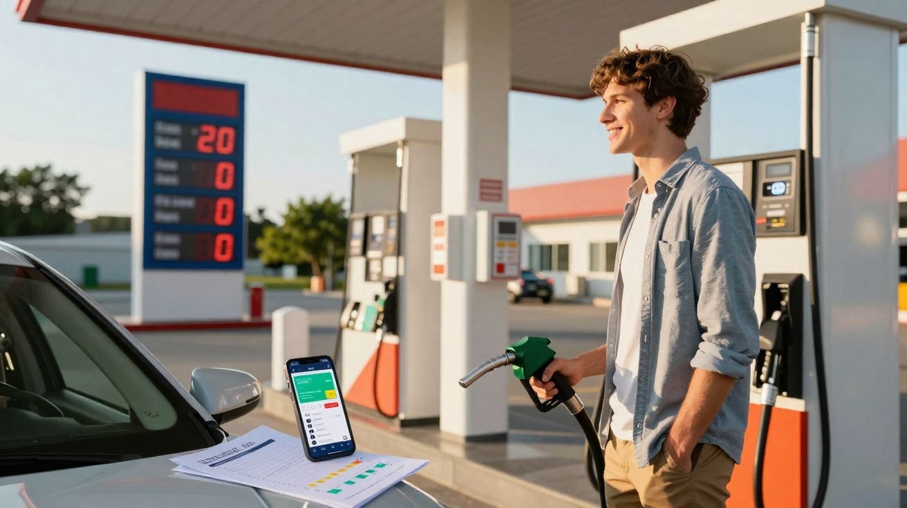 Homem jovem com bomba de combustível na mão junto a carro numa estação de serviço com telemóvel e documentos sobre o carro.