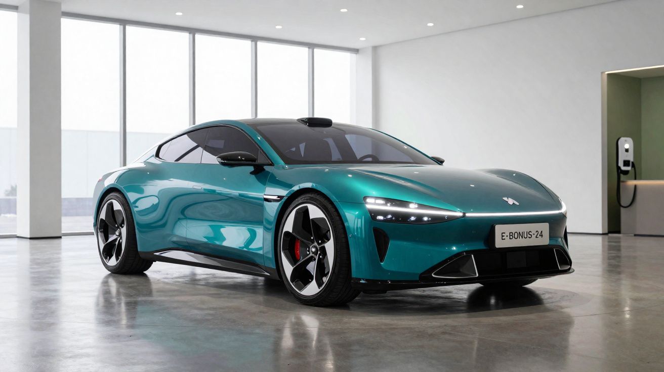 Carro elétrico desportivo azul turquesa estacionado num espaço interior moderno com parede branca.